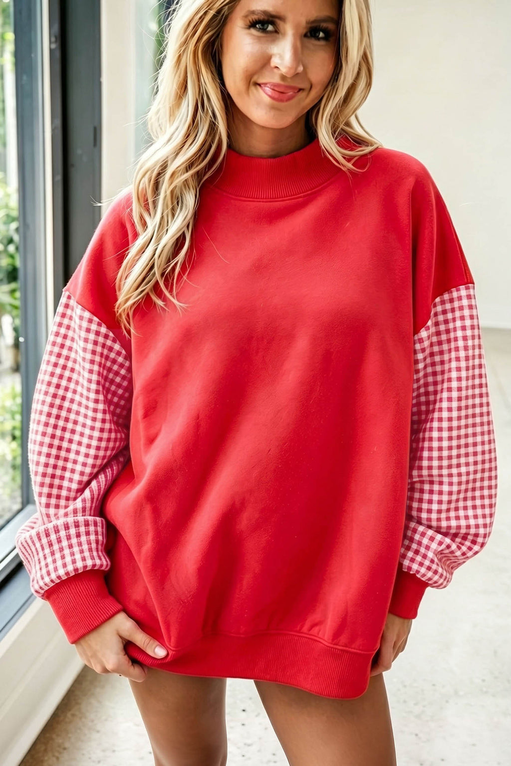 Navy Blue Plaid Sleeve Colorblock Loose Tunic Sweatshirt