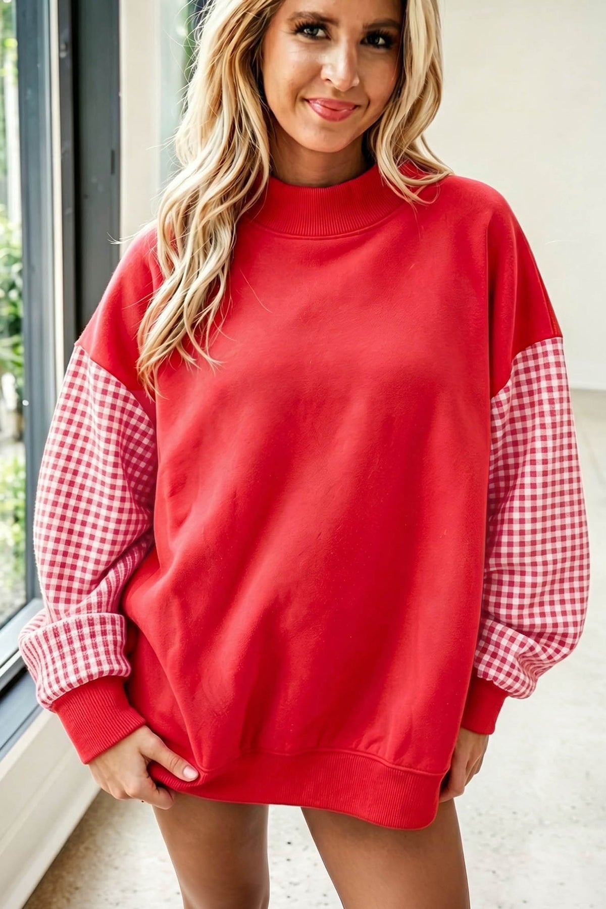 Navy Blue Plaid Sleeve Colorblock Loose Tunic Sweatshirt
