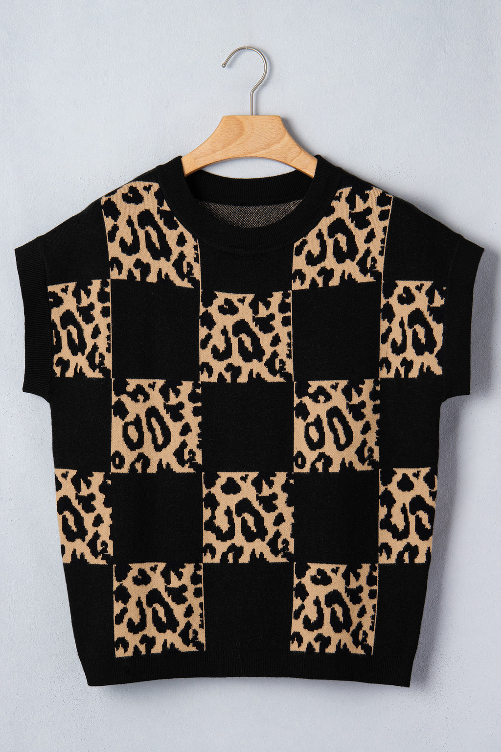 Green Leopard Checkerboard Short Sleeve Knit Sweater