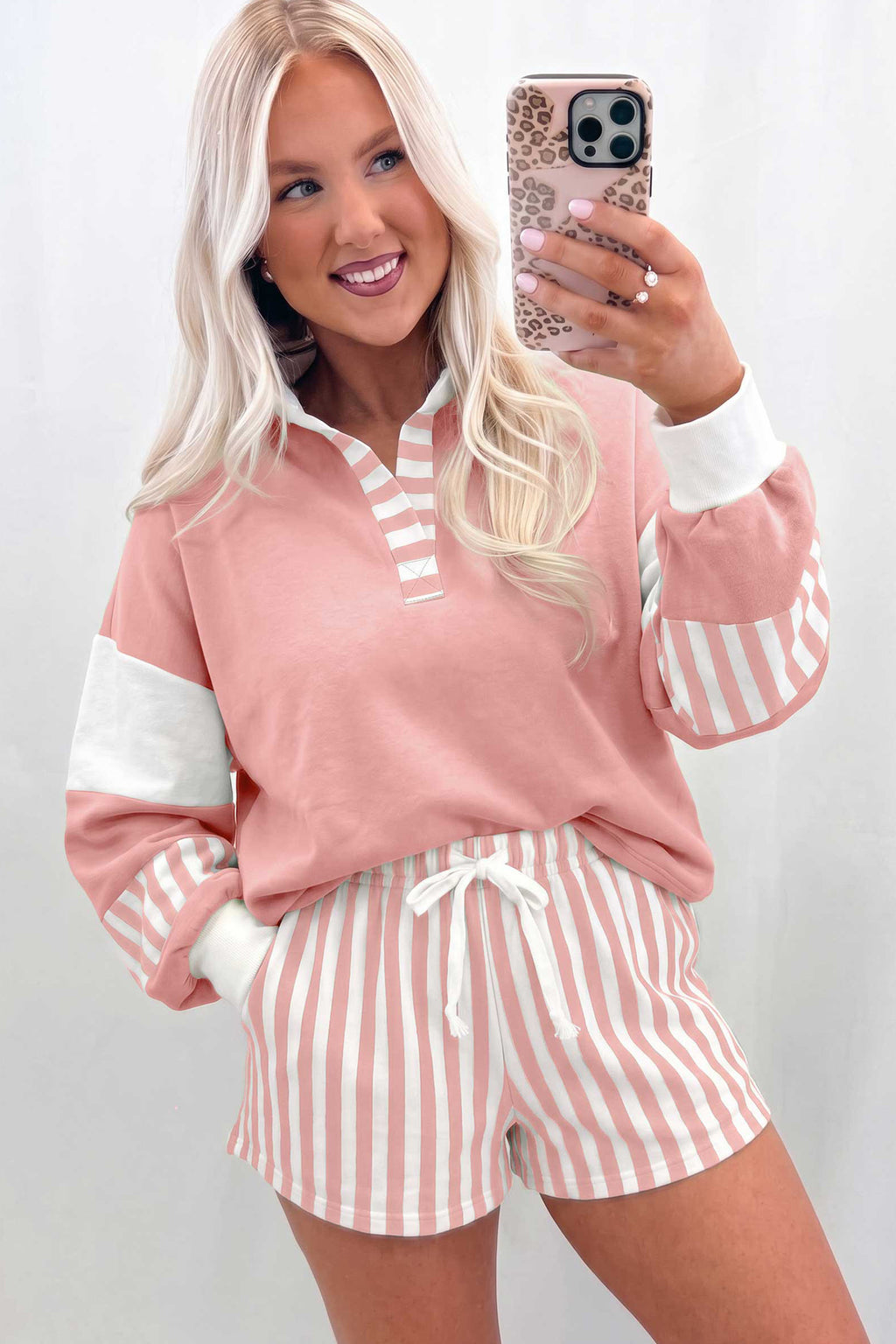 Smoke Gray Striped Color Block Pullover Top Drawstring Shorts Set