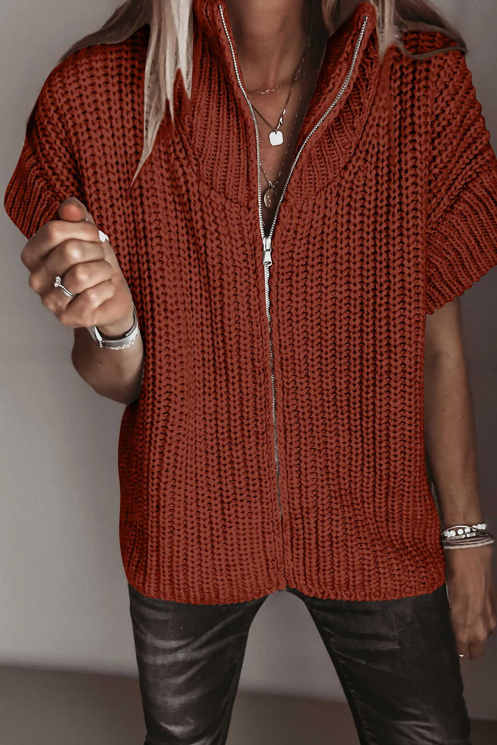 Cinnamon Solid Color Short Sleeve Zipper Knit High Neck Sweater