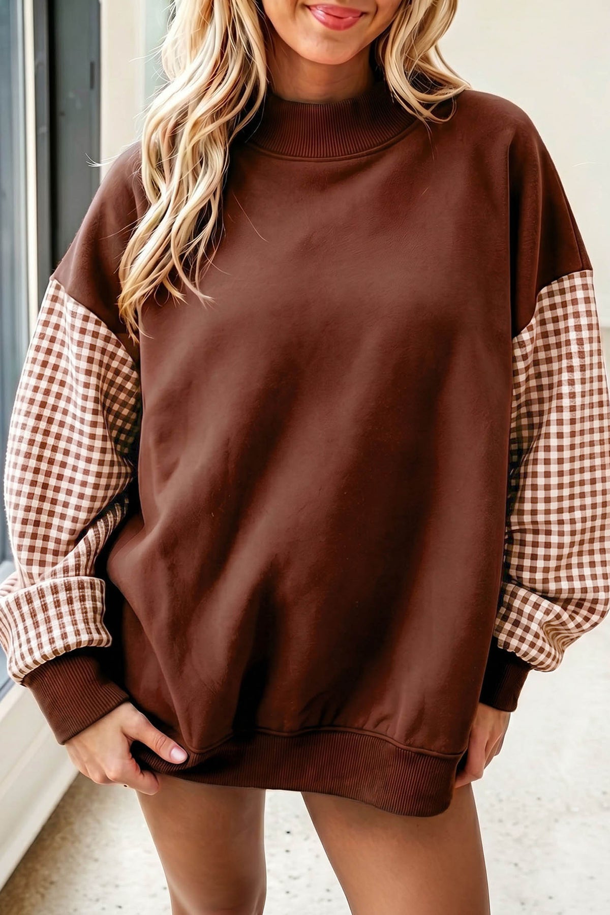 Navy Blue Plaid Sleeve Colorblock Loose Tunic Sweatshirt