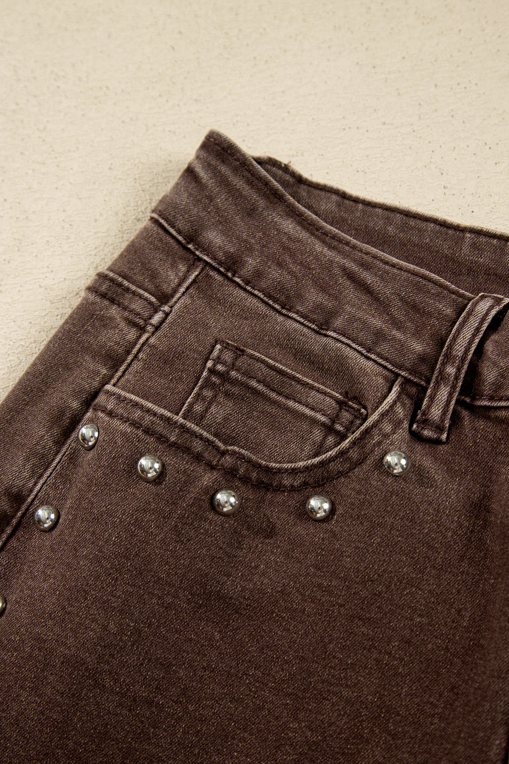 Coffee Studded Detail Straight Leg Casual Loose Jeans