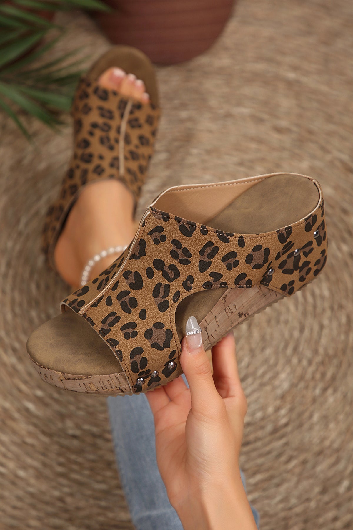Chestnut Leopard Faux Suede Studded Cutout Wedge Slippers