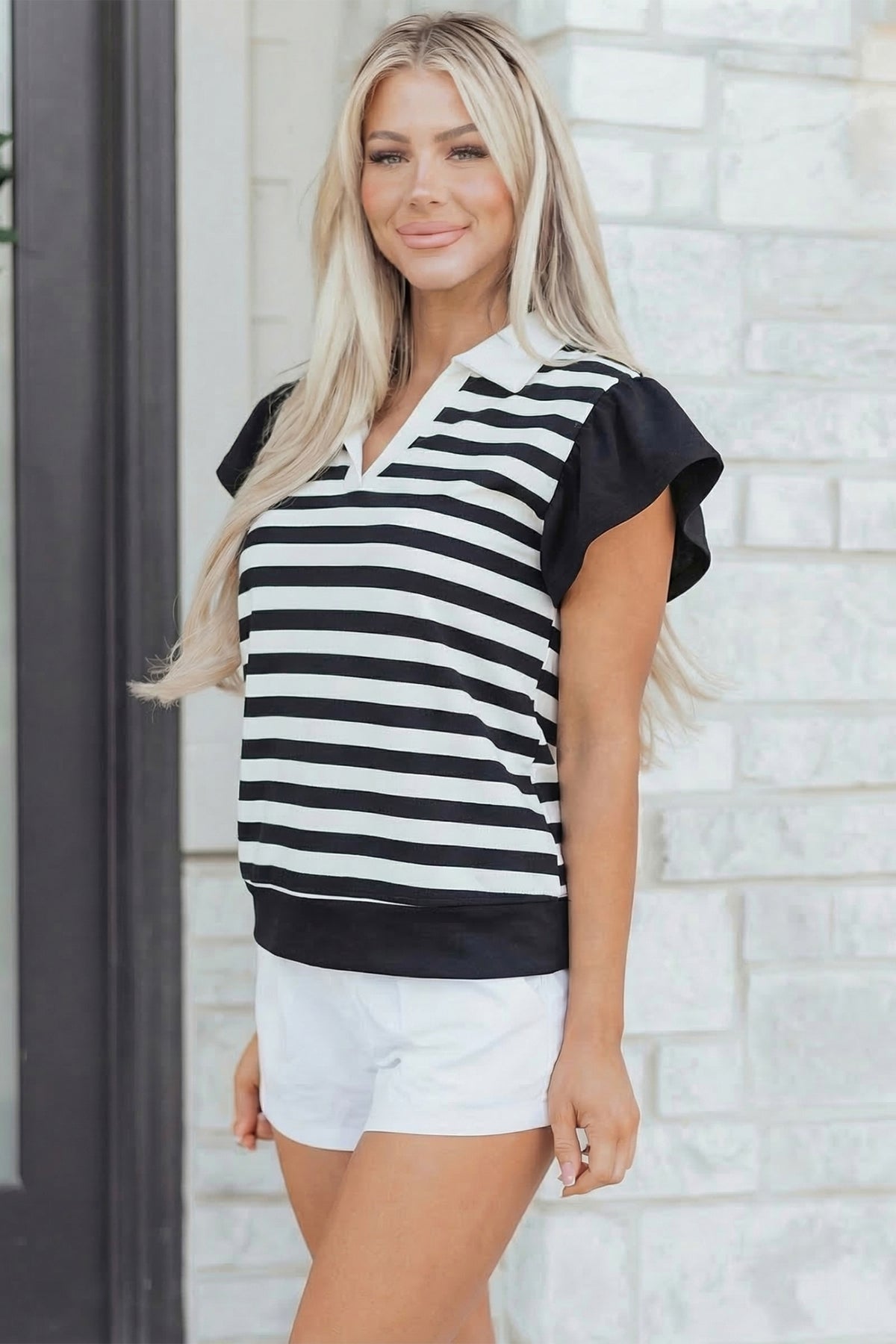 Pink Stripe Collar V Neck Ruffled Short Sleeve Blouse