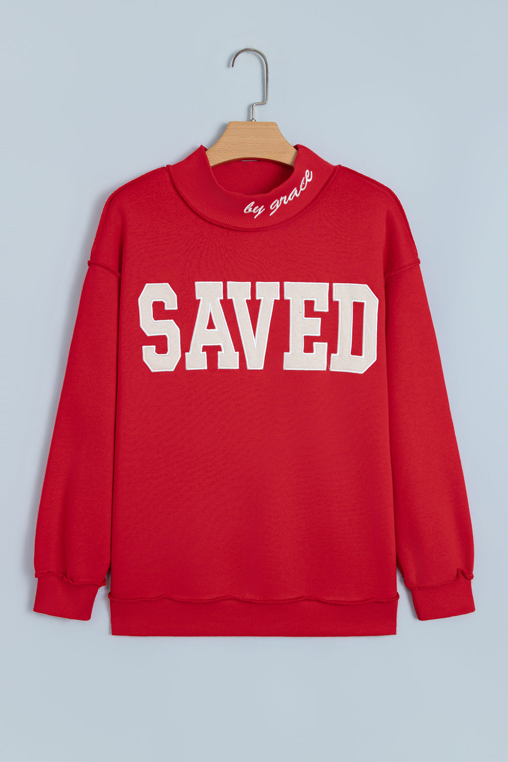 Fiery Red Saved By Grace Embroidered Detail Letter Graphic High Neck Sweatshirt