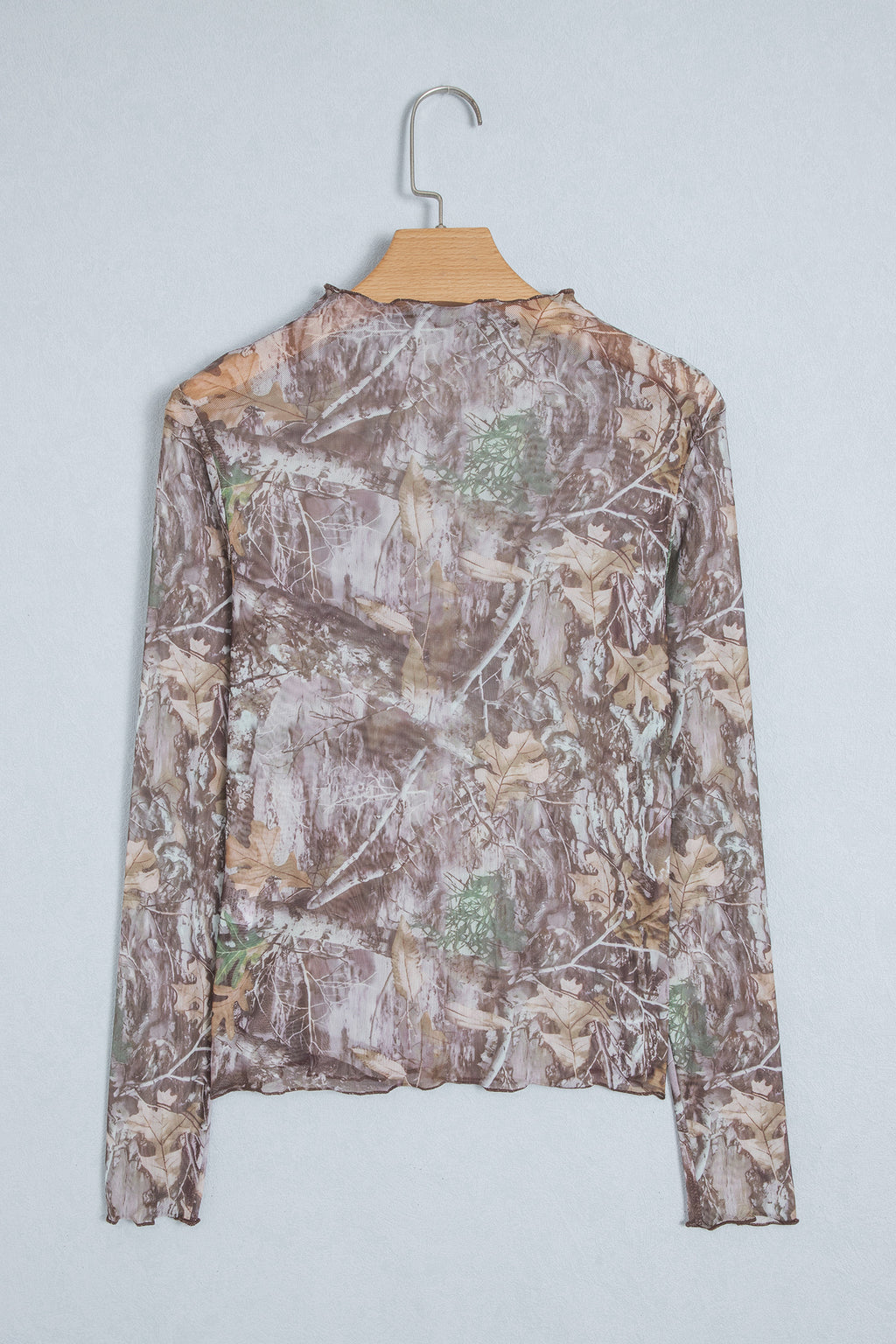 Apricot Floral Print Slim Fit Mesh Long Sleeve Mock Neck Top