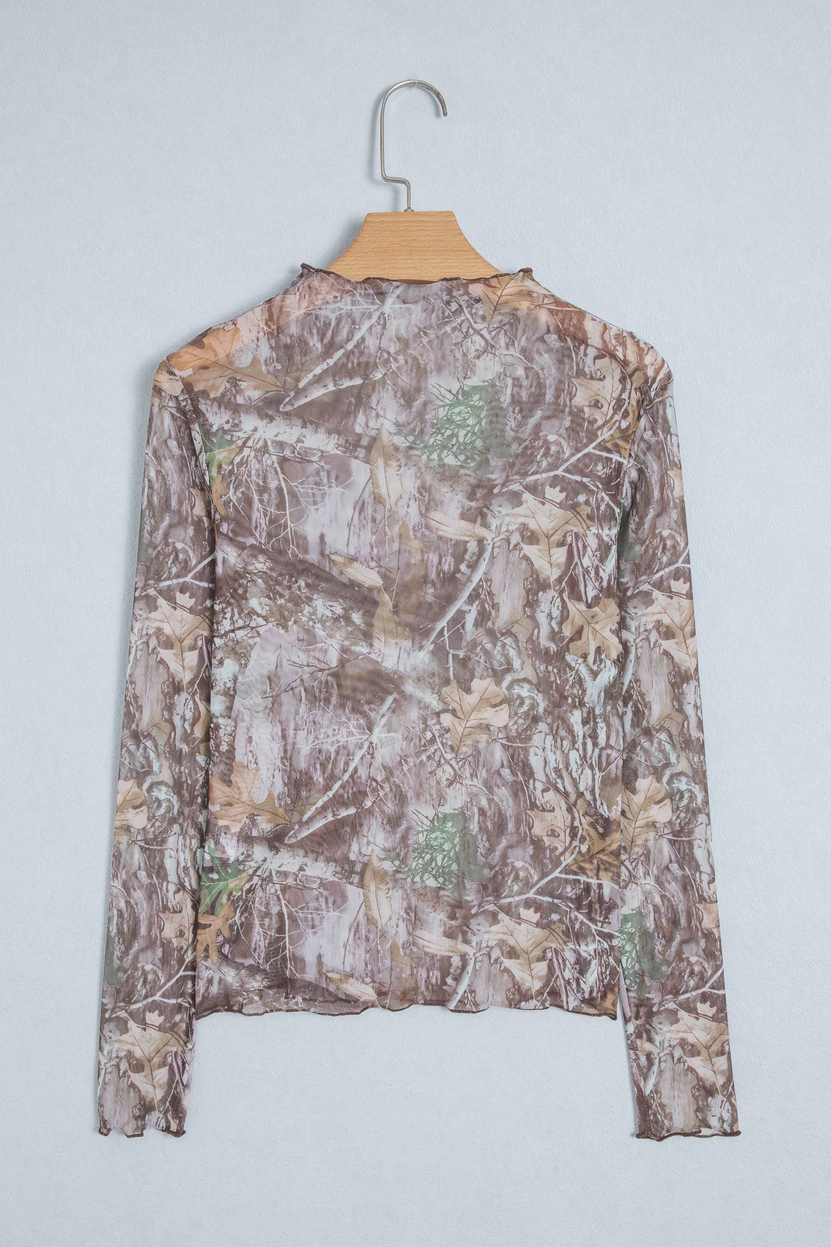 Apricot Floral Print Slim Fit Mesh Long Sleeve Mock Neck Top