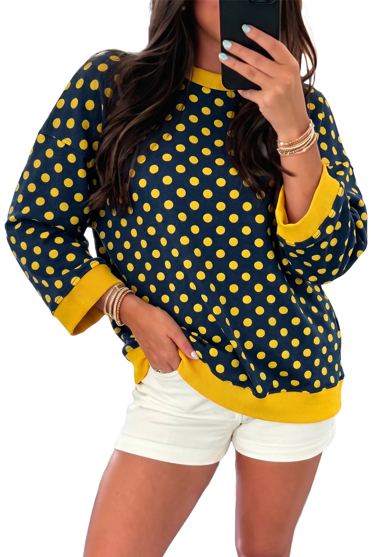 Blue Polka Dot Print Contrast Trim Round Neck Bracelet Sleeve Top