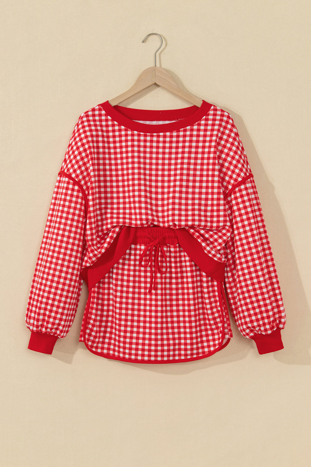 Green Gingham Oversized Ribbed Trim Crew Neck Long Sleeve Top and Skort Set