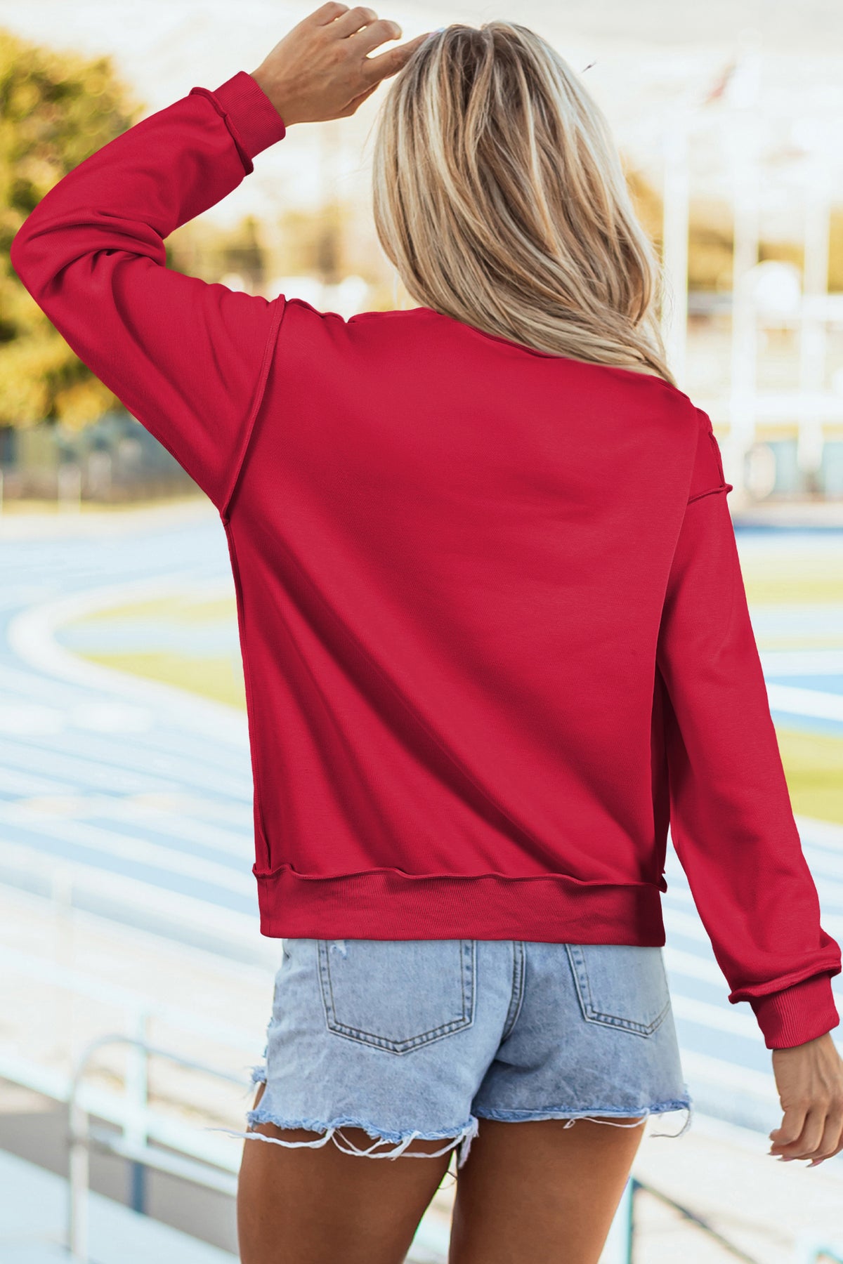 Fiery Red Frayed Applique Christmas Tree Mock Neck Pullover Sweatshirt