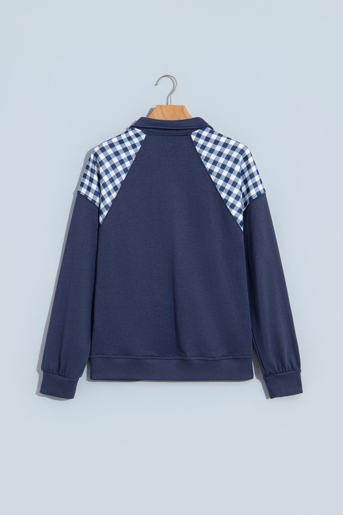 Coffee Patchwork Plaid Pocket Quarter Zip Sweatshirt