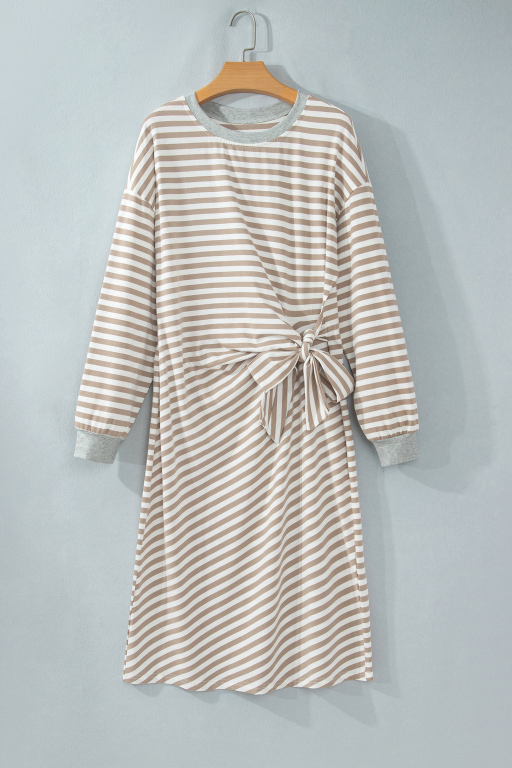 Brown Stripe Striped Colorblock Cuffs Round Neck Long Sleeve Shift Dress
