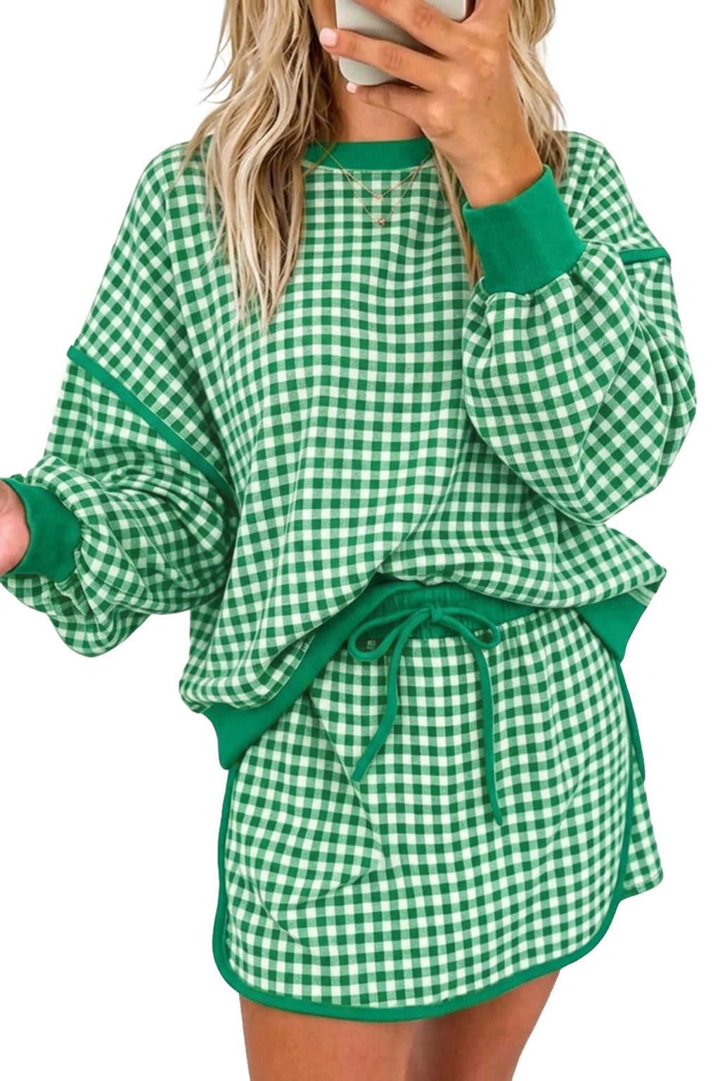 Green Gingham Oversized Ribbed Trim Crew Neck Long Sleeve Top and Skort Set