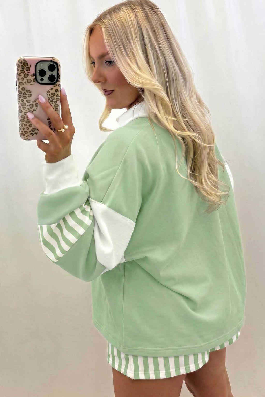 Smoke Gray Striped Color Block Pullover Top Drawstring Shorts Set