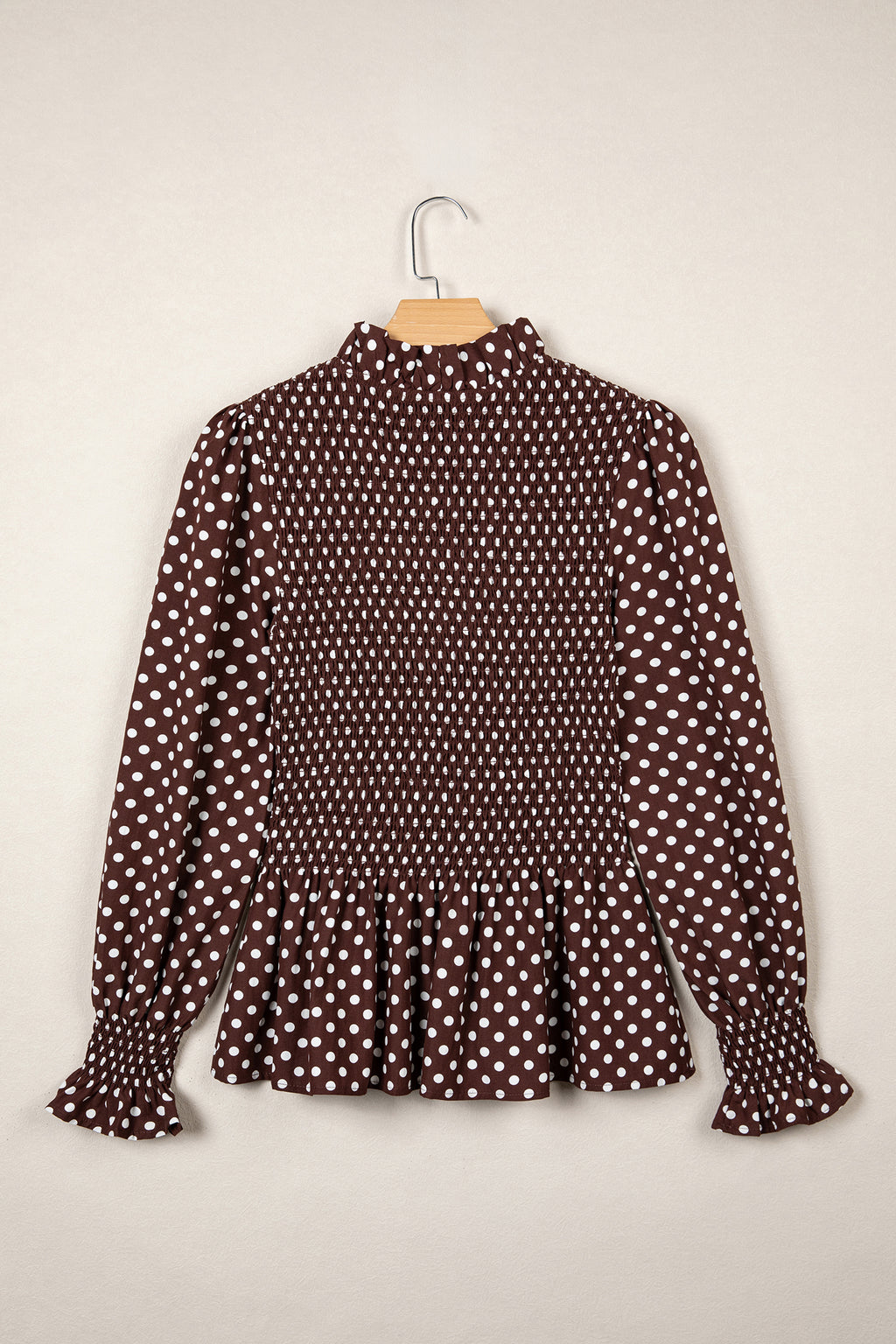Brown Polka Dot Ruffled High Neck Shirred Ruffle Hem Blouse