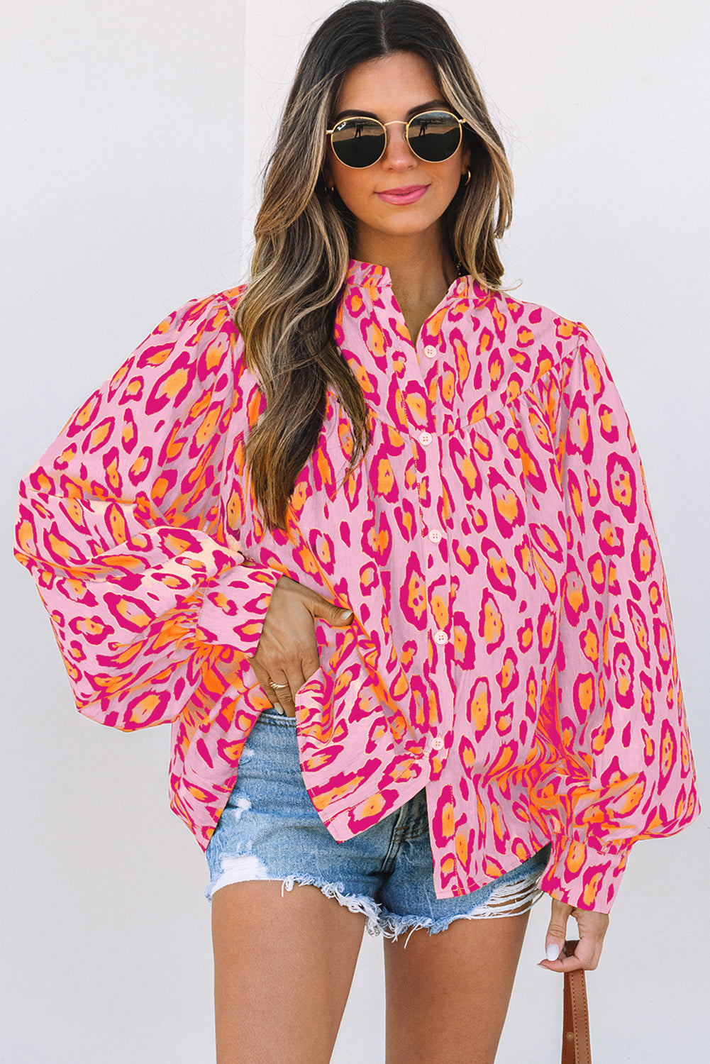 Jet Stream Oversized Leopard Print Balloon Sleeve Casual Shirt
