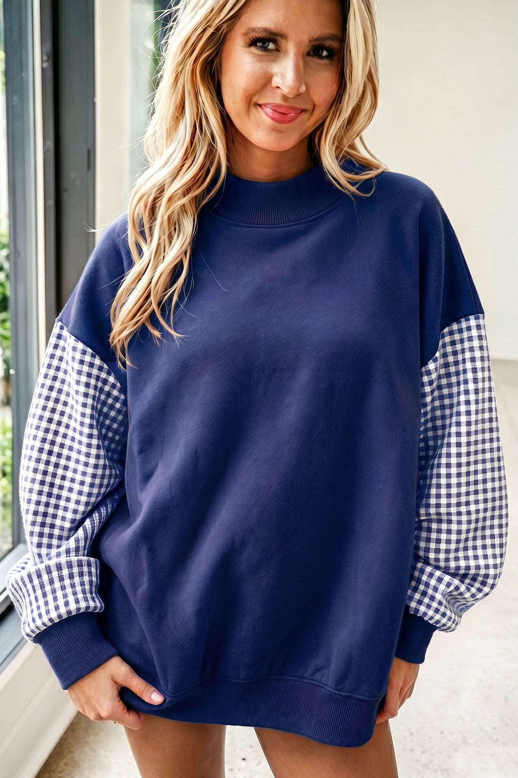 Navy Blue Plaid Sleeve Colorblock Loose Tunic Sweatshirt