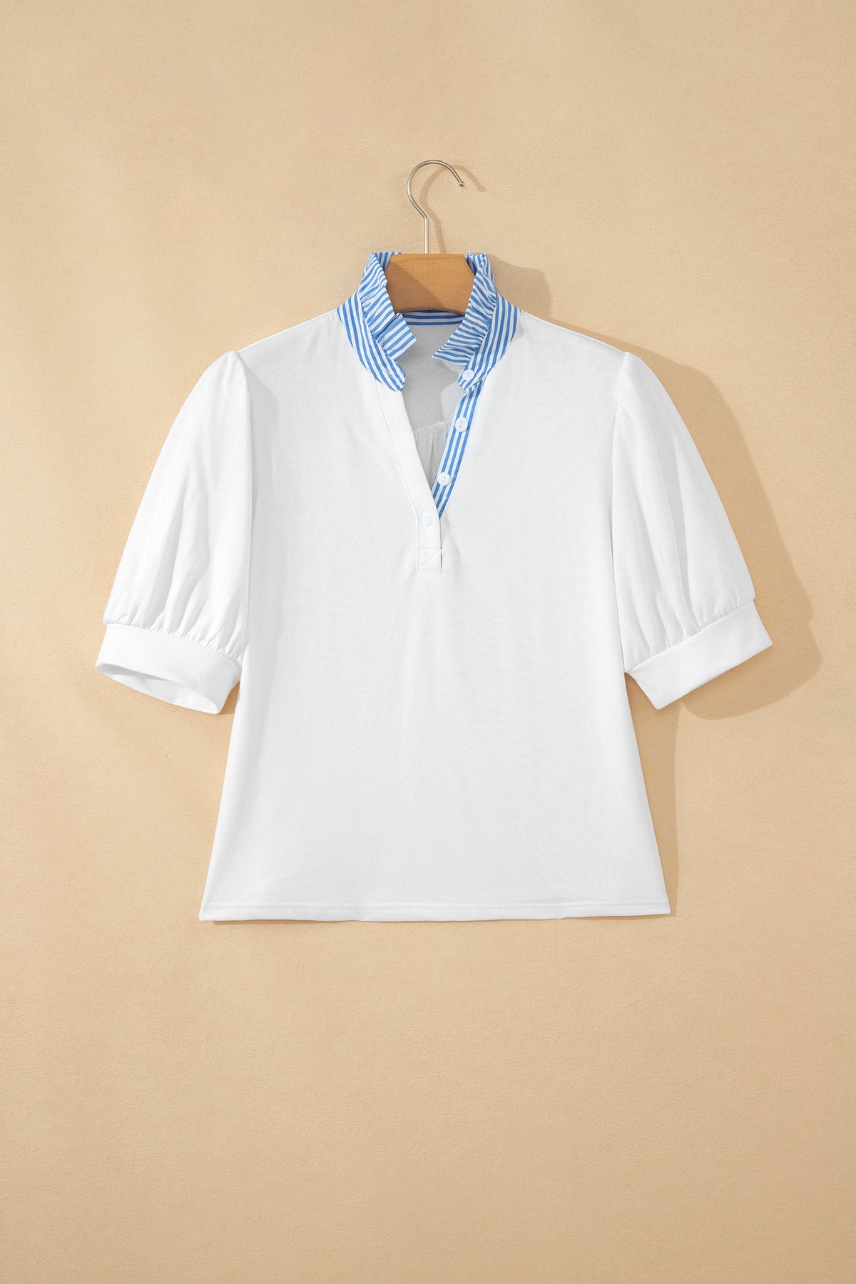 White Striped Frilled Collar Short Sleeve Blouse