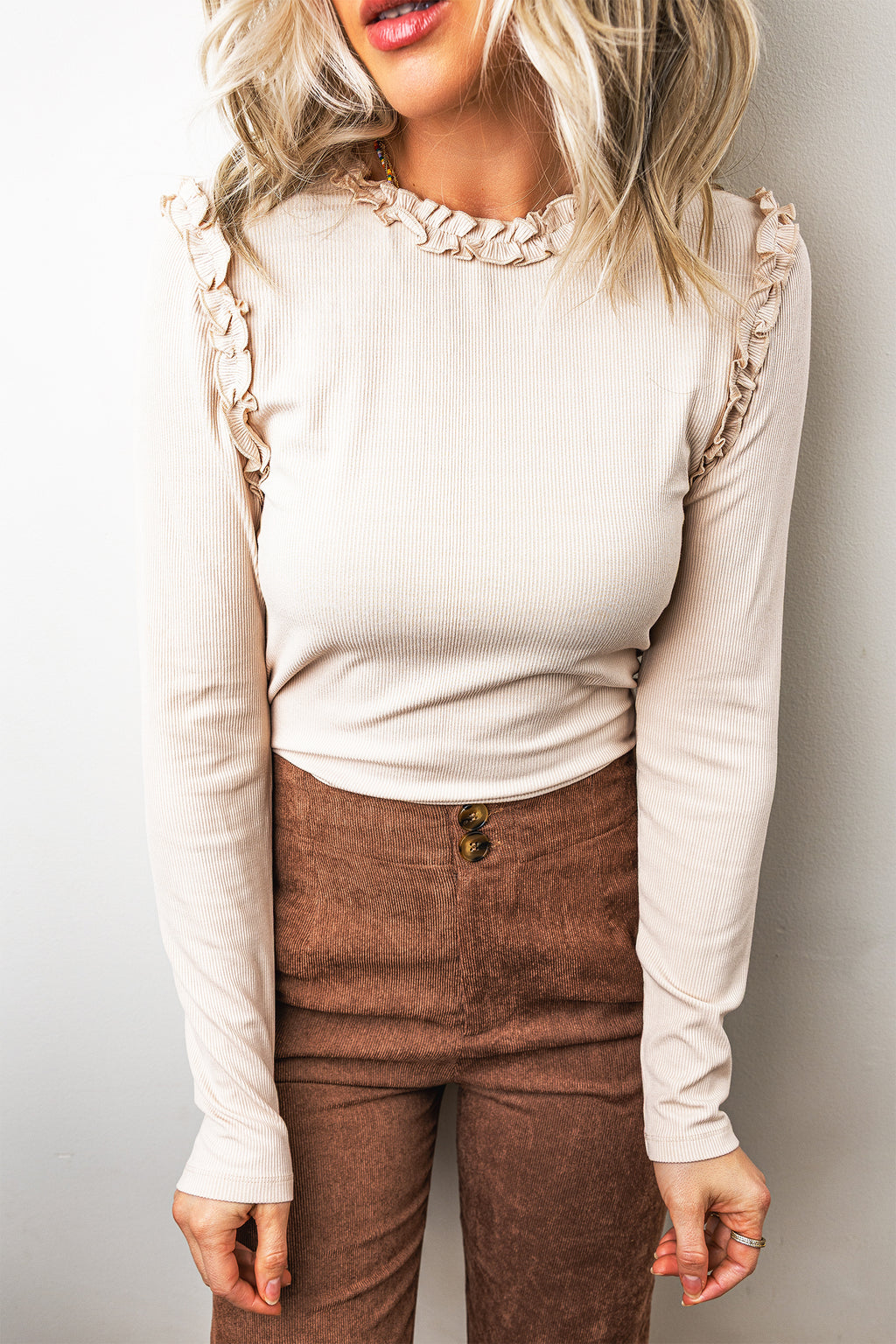 Beige Solid Ruffle Long Sleeve