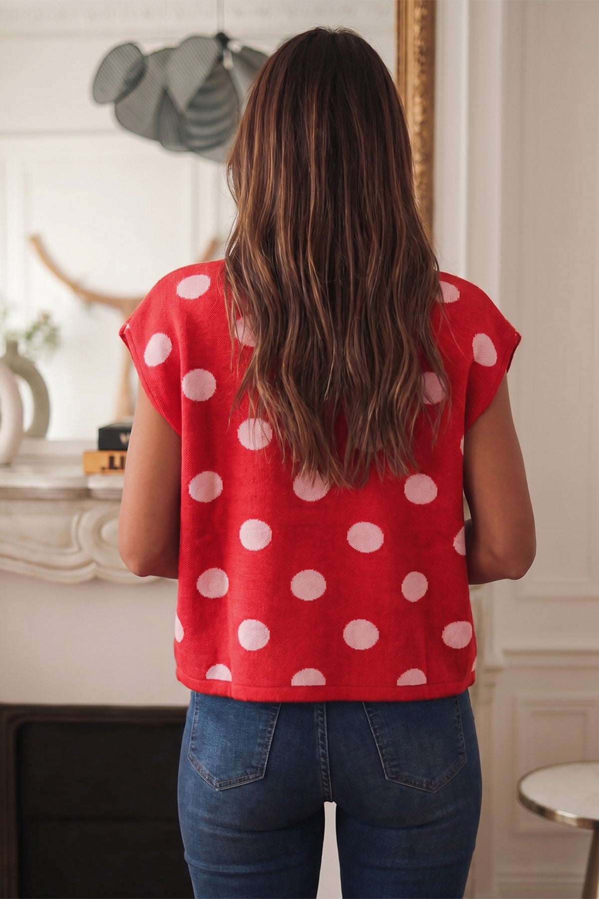 Red Polka Dot Sleeveless Knit Sweater Vest