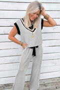 Lace Color Block Trim V neck Wide Leg Set