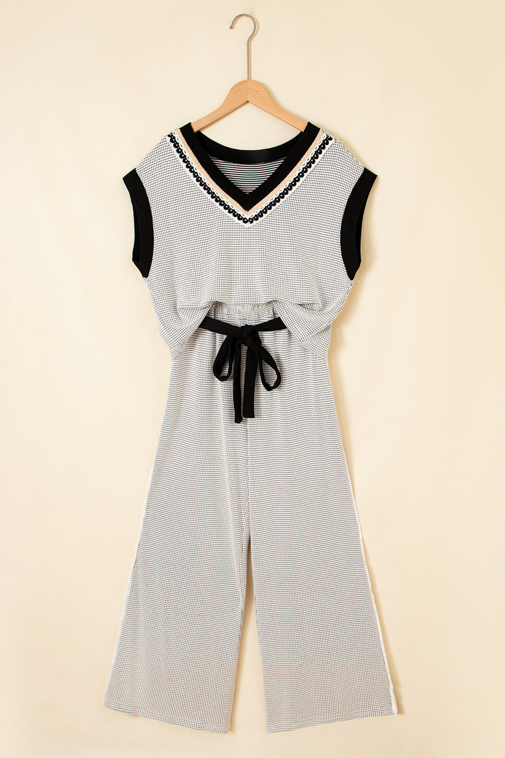Lace Color Block Trim V neck Wide Leg Set