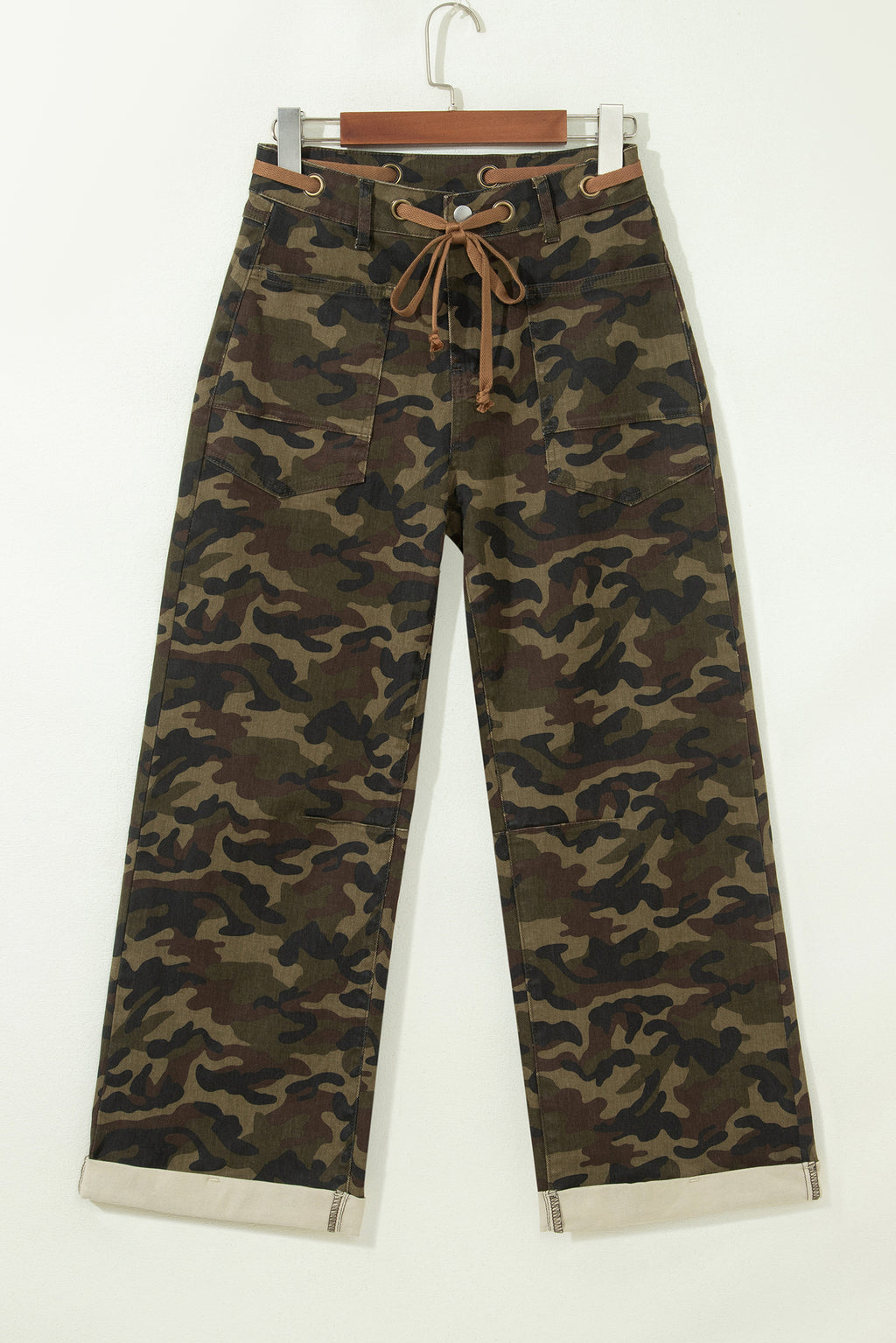 Camouflage Print Retro Grommet Tie Waist Loose Jeans