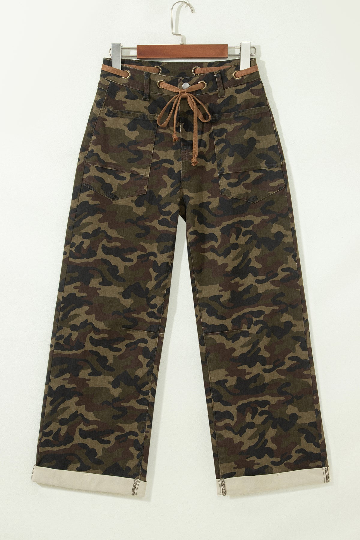 Camouflage Print Retro Grommet Tie Waist Loose Jeans