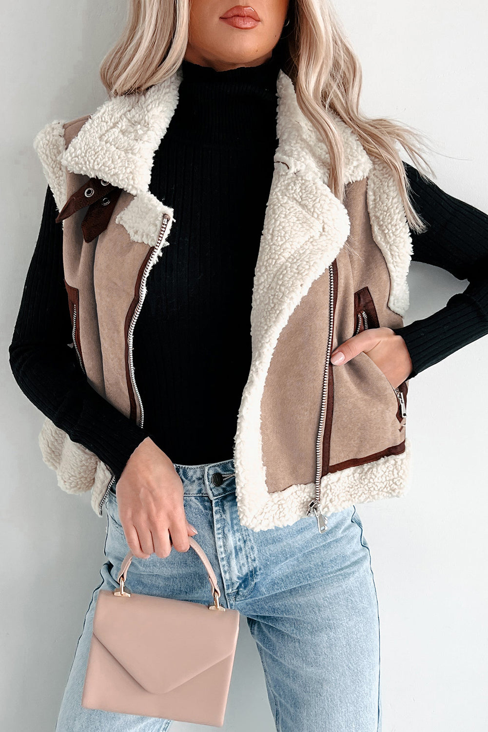 Faux Sherpa Khaki Suede Collar Vest