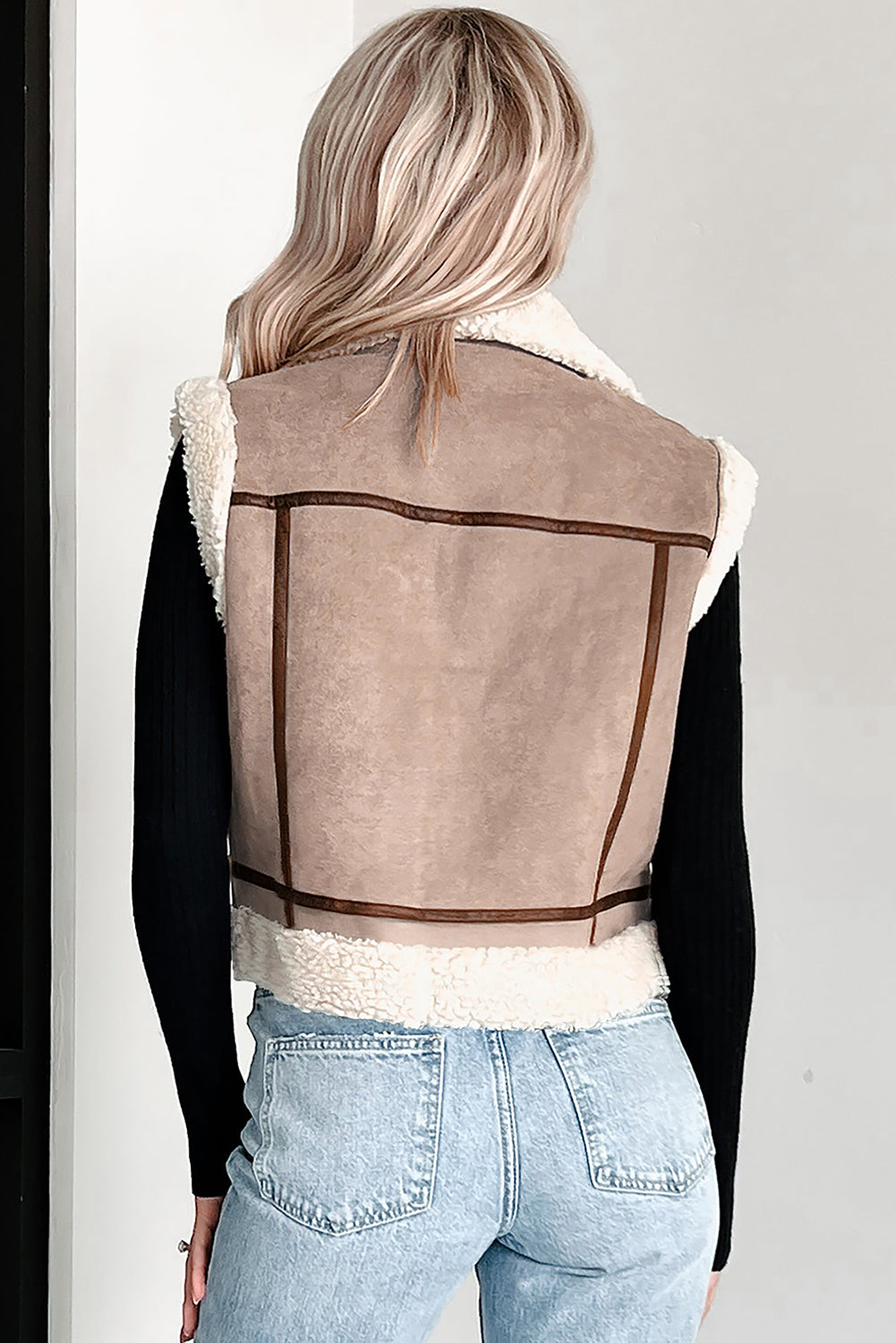 Faux Sherpa Khaki Suede Collar Vest