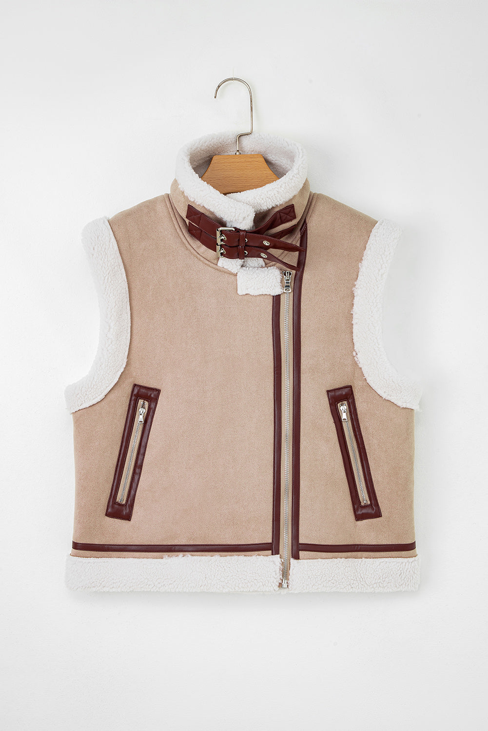 Faux Sherpa Khaki Suede Collar Vest