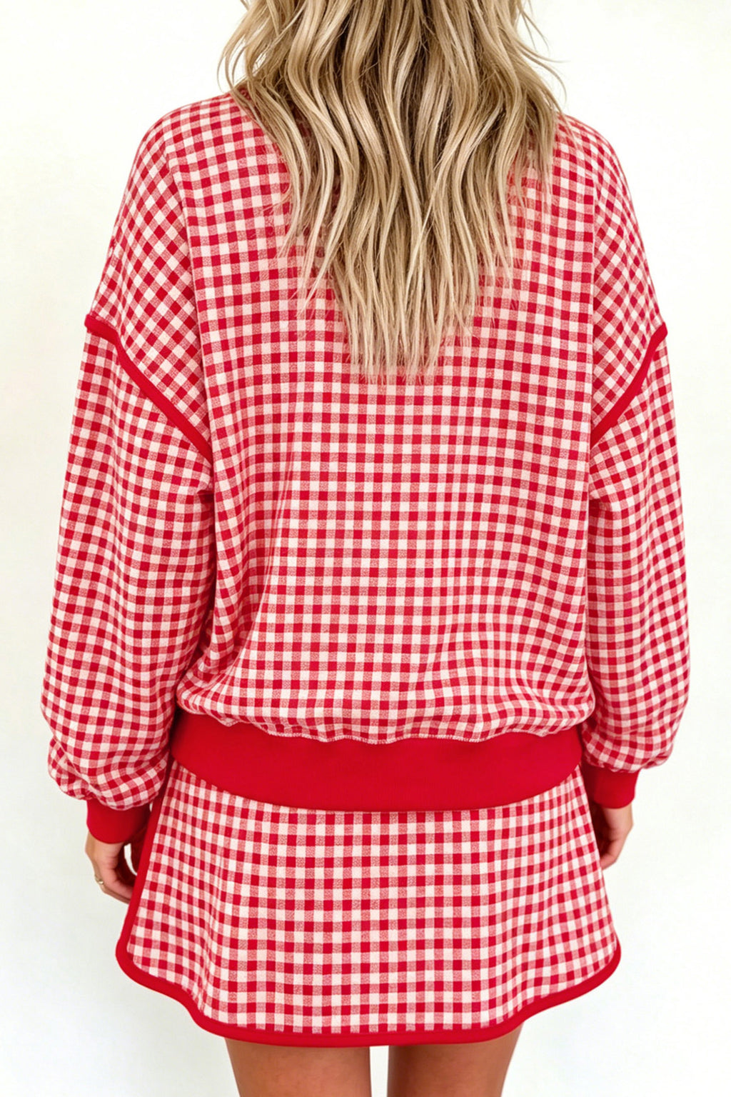 Green Gingham Oversized Ribbed Trim Crew Neck Long Sleeve Top and Skort Set