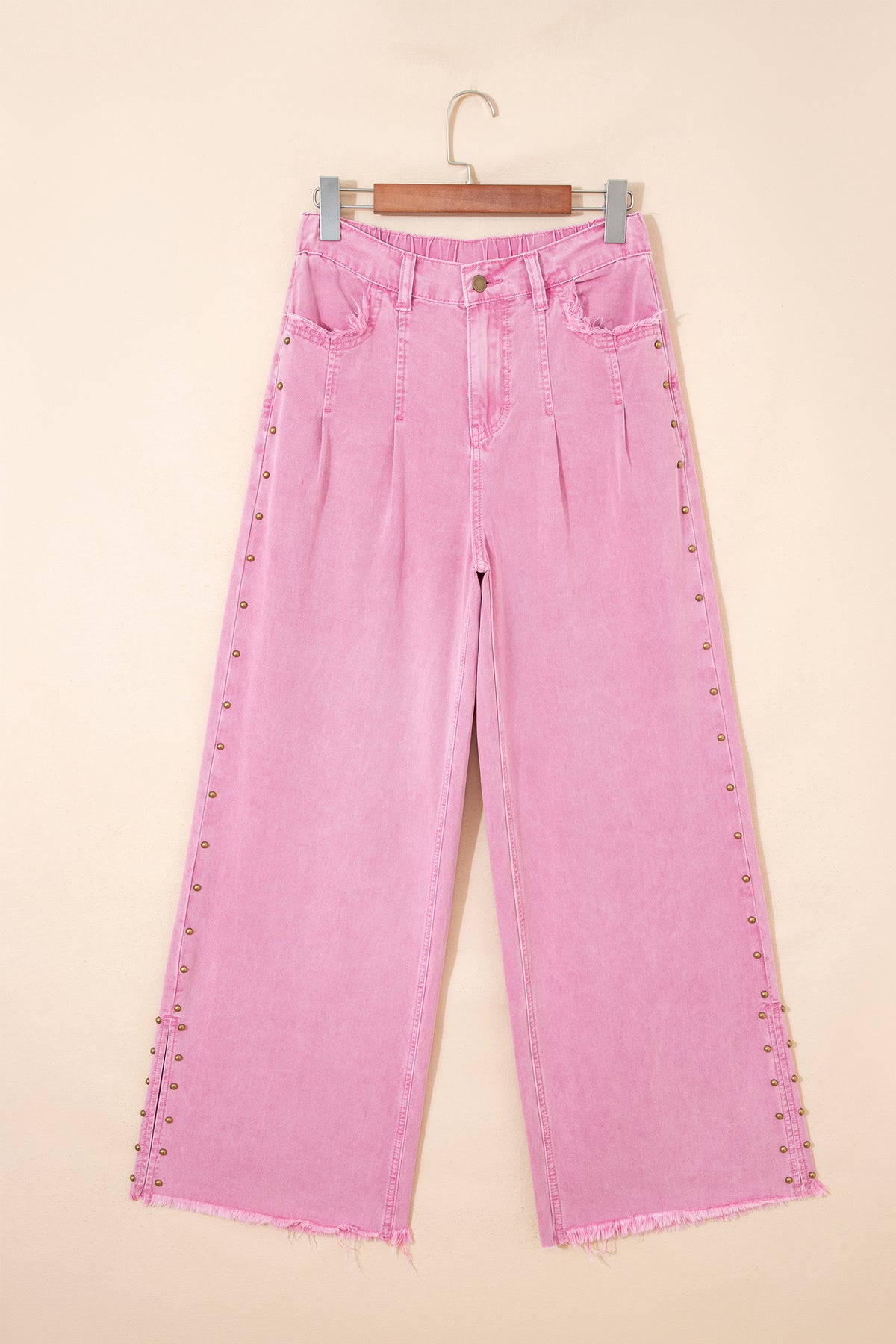 Pink Beaded Side Detail Split Loose Jeans