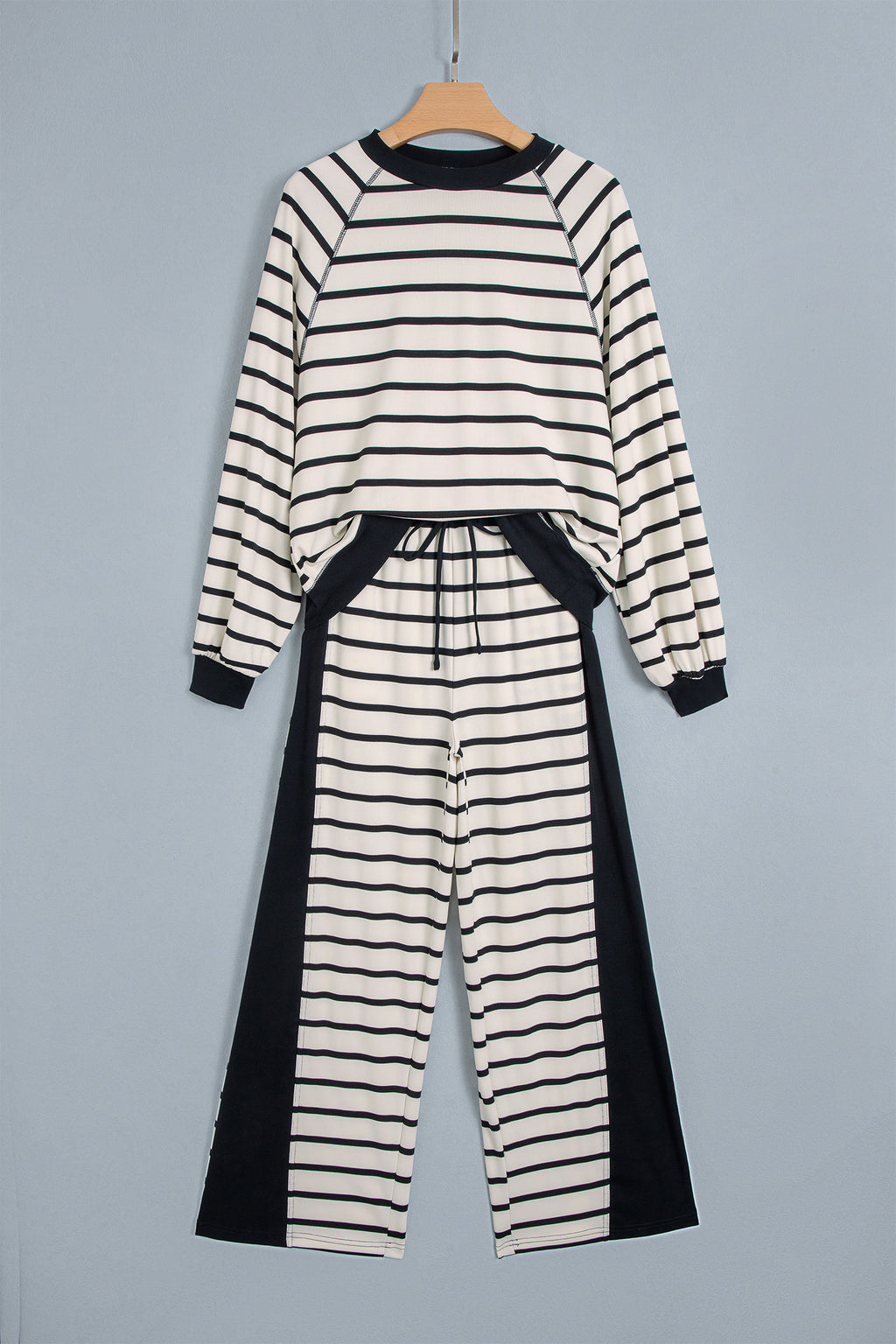 Beige Stripe Relaxed Long Sleeve Top Color Block Detail Drawstring Pant Set
