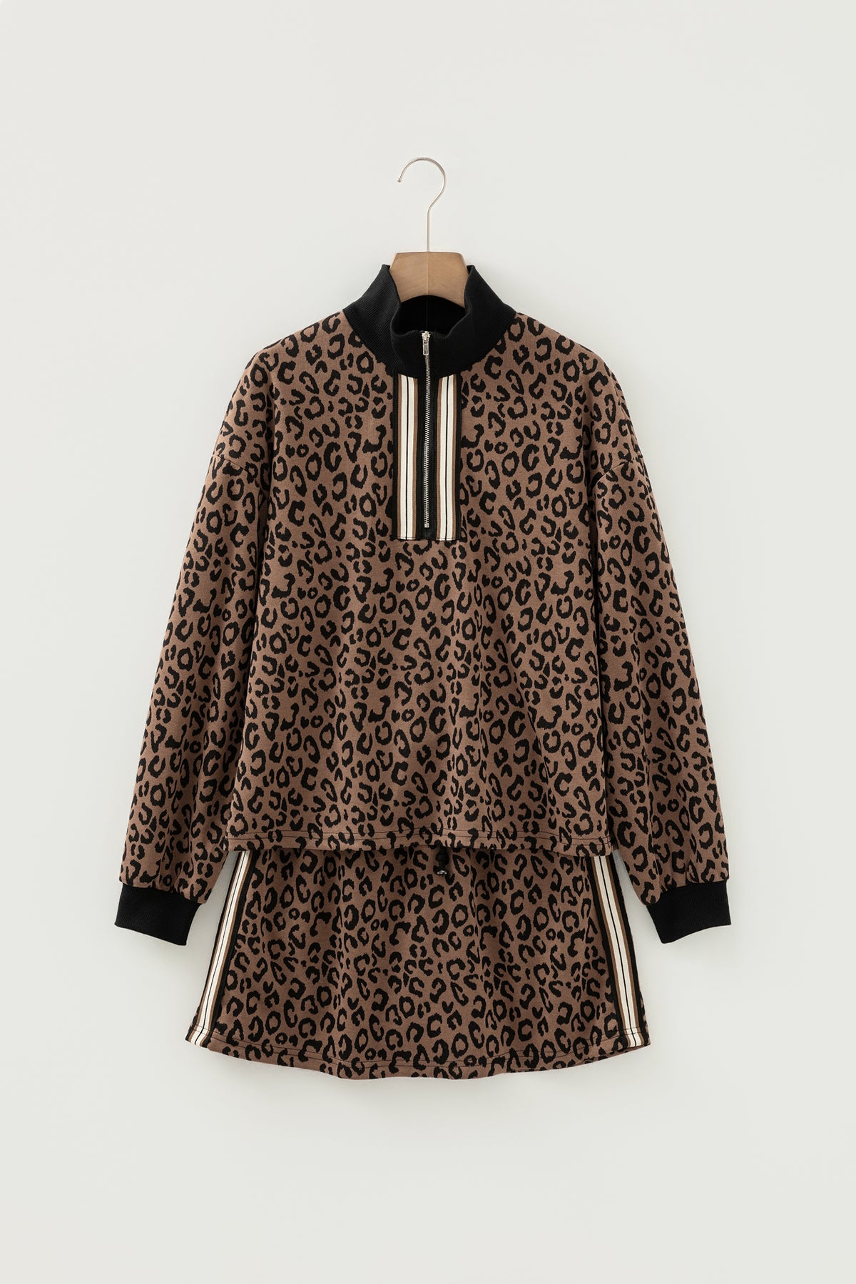 Khaki Leopard Print Quarter Zip Long Sleeve Top Mini Skirt Set