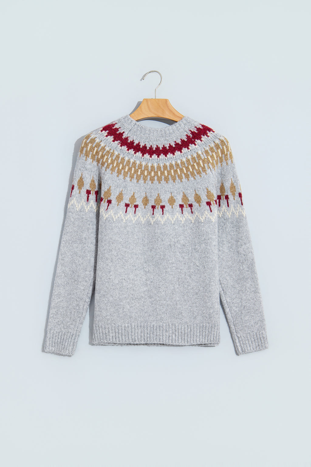Gray Geometric Detail Round Neck Winter Sweater