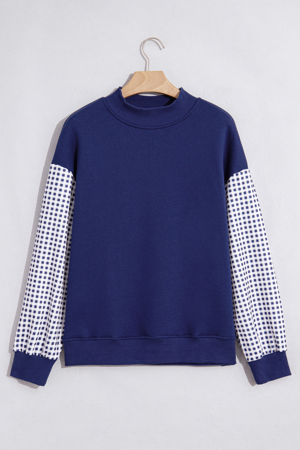 Navy Blue Plaid Sleeve Colorblock Loose Tunic Sweatshirt