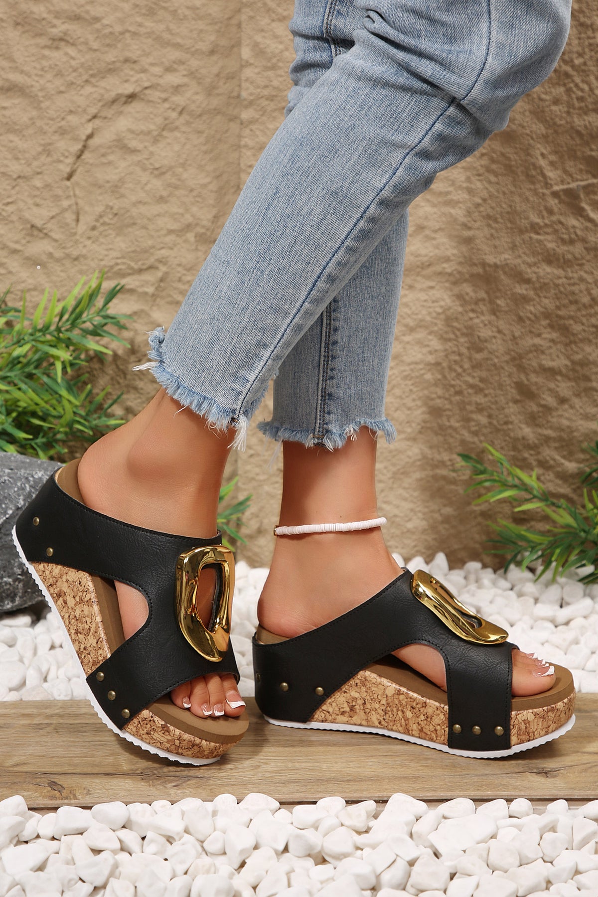 Color black Retro Suede Cutout Gold Buckle Detail Platform Wedge Slippers