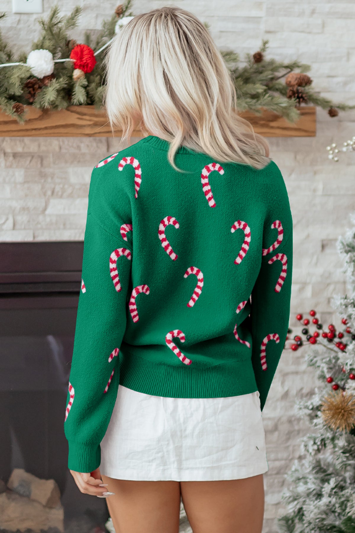Sachet Pink Christmas Candy Cane Holiday Drop Shoulder Sweater