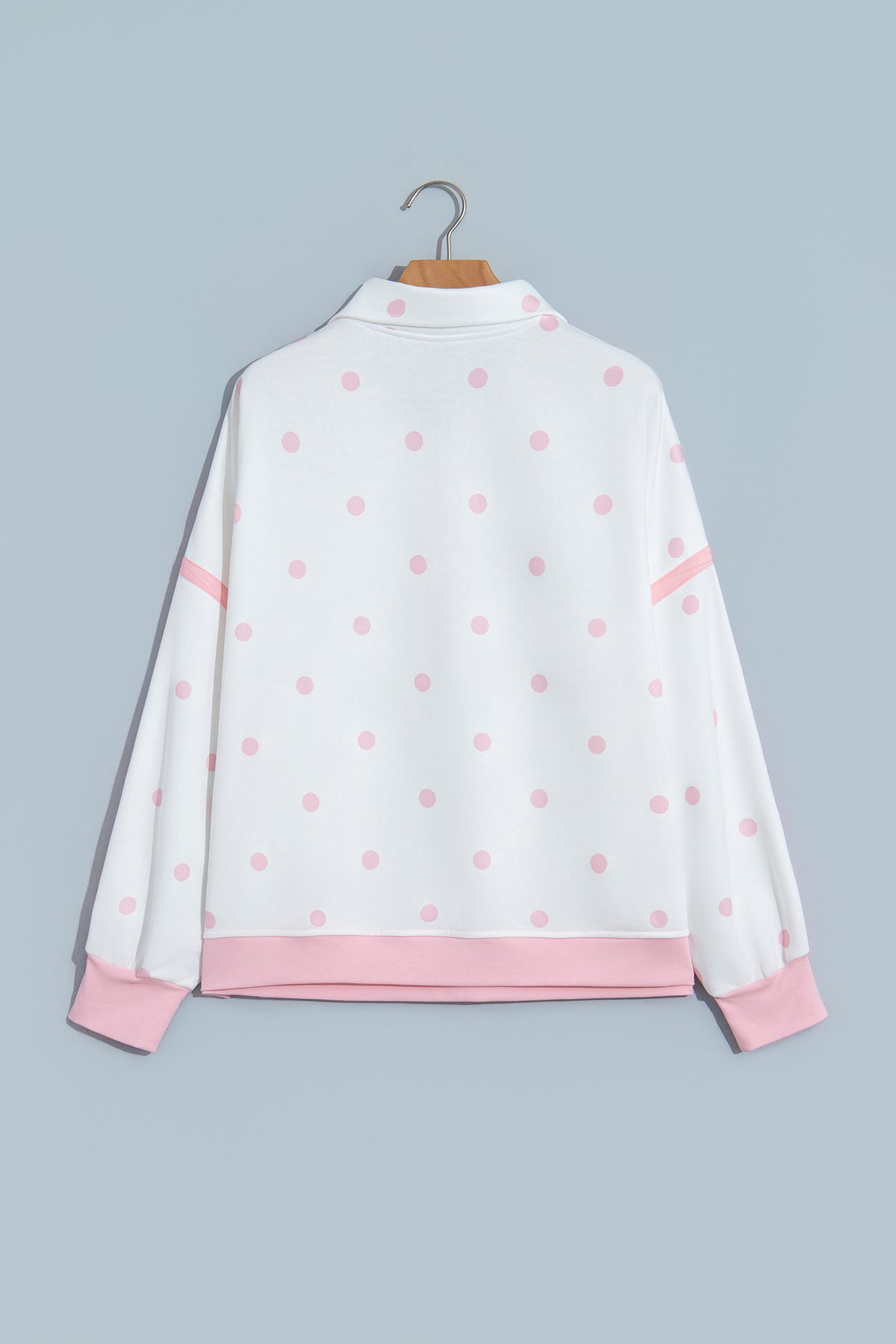 Pink Polka Dot Half Zip Drop Shoulder Relaxed Sweatshirt