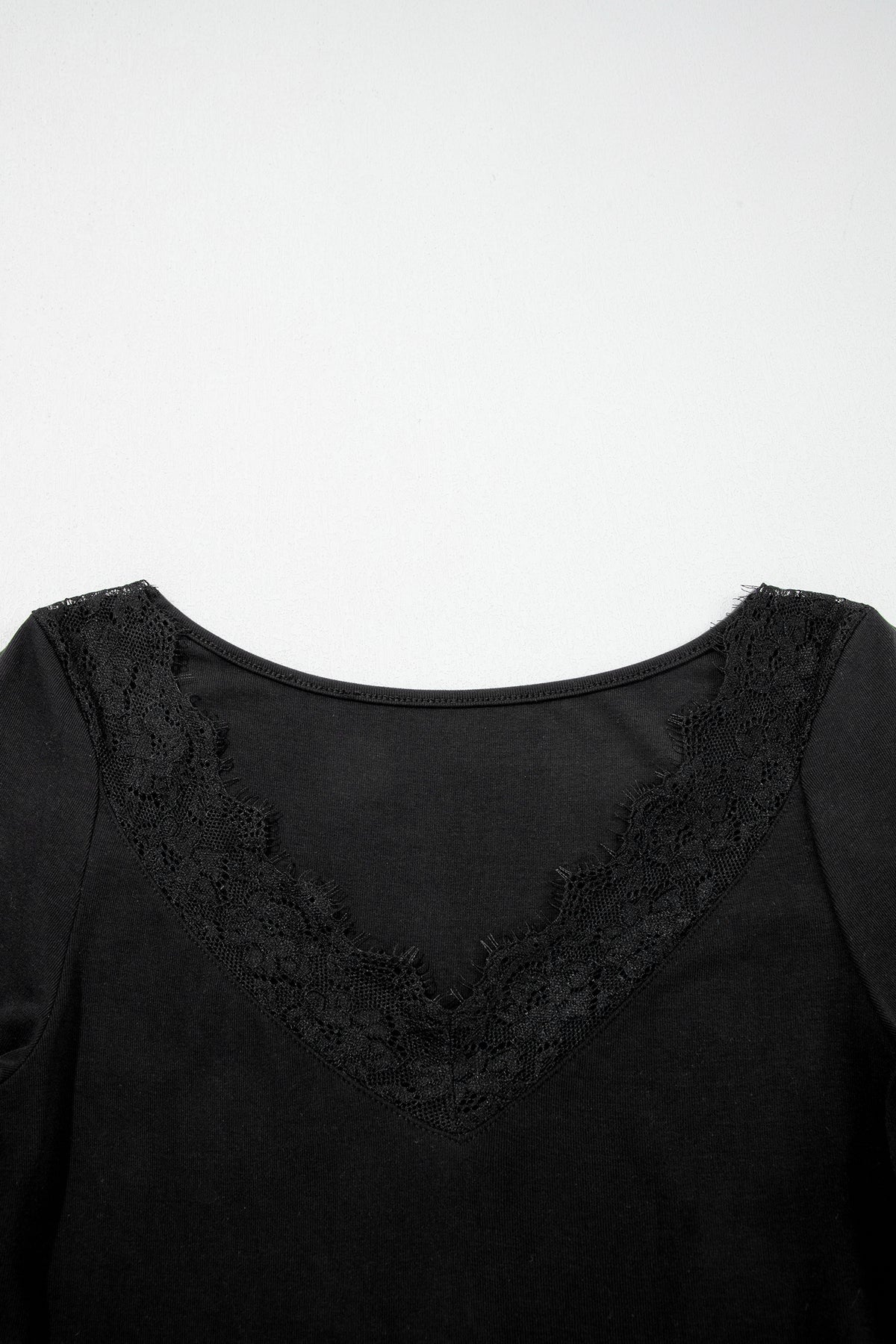 Black Lace Trim Elegant Neckline Long Sleeve Slim Top