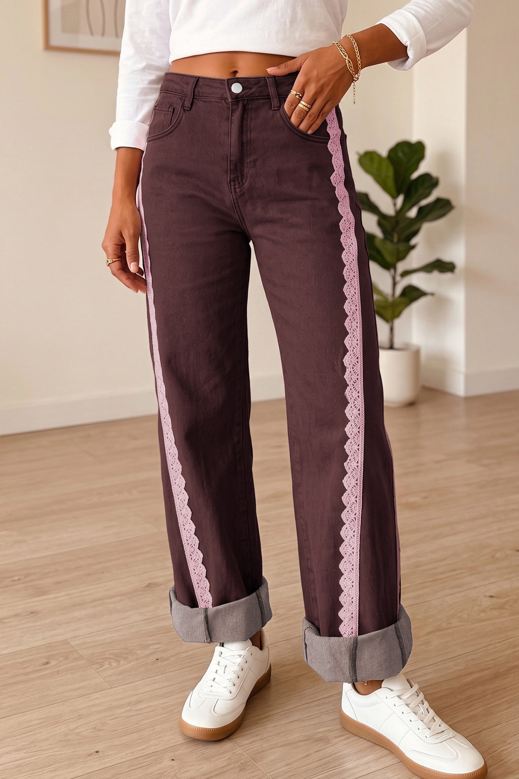 Beau Blue Lace Trim Casual Full-Length Regular Fit Jeans