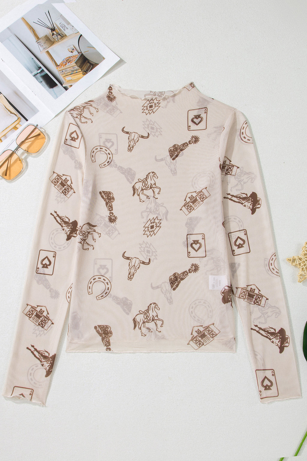Apricot Floral Print Slim Fit Mesh Long Sleeve Mock Neck Top