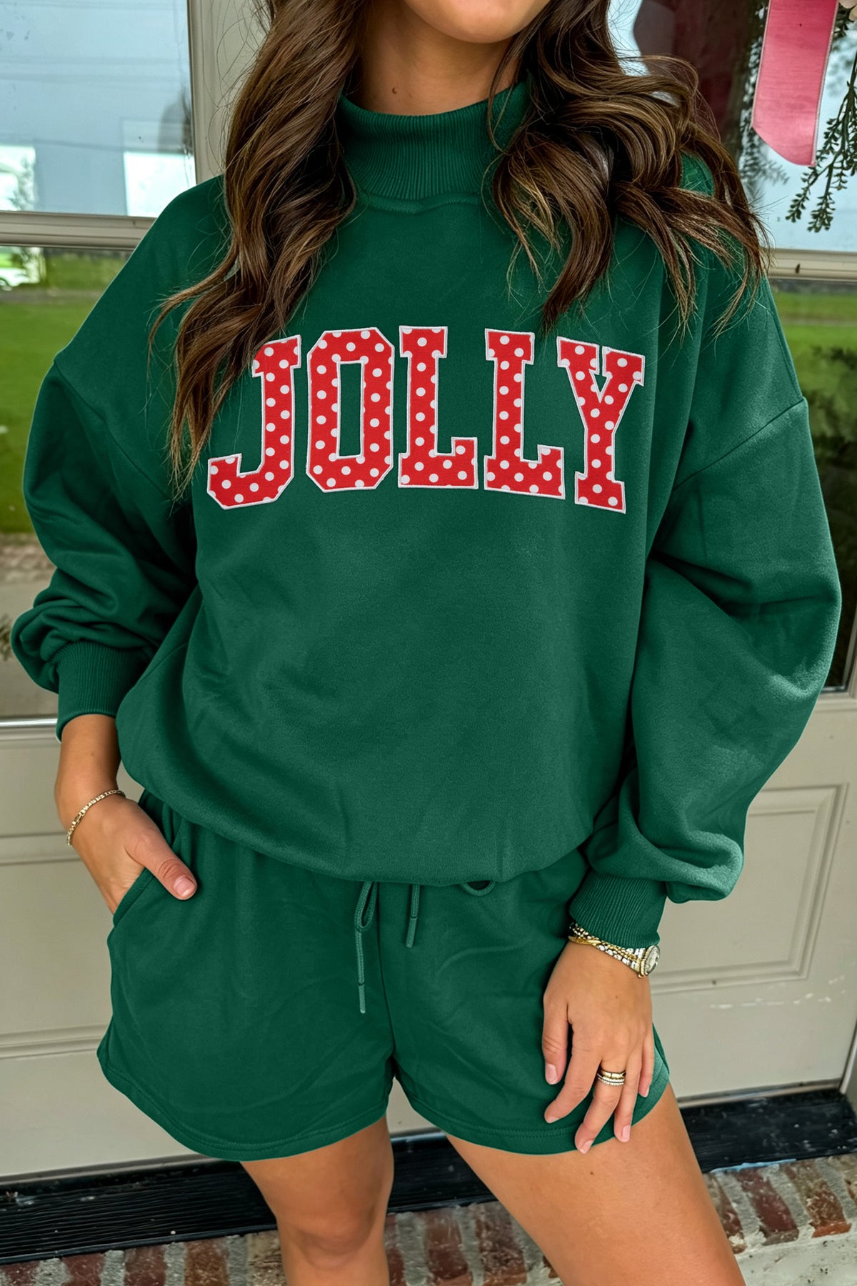 Dark Green Christian Slogan Print Mock Neck Pullover and Shorts Set