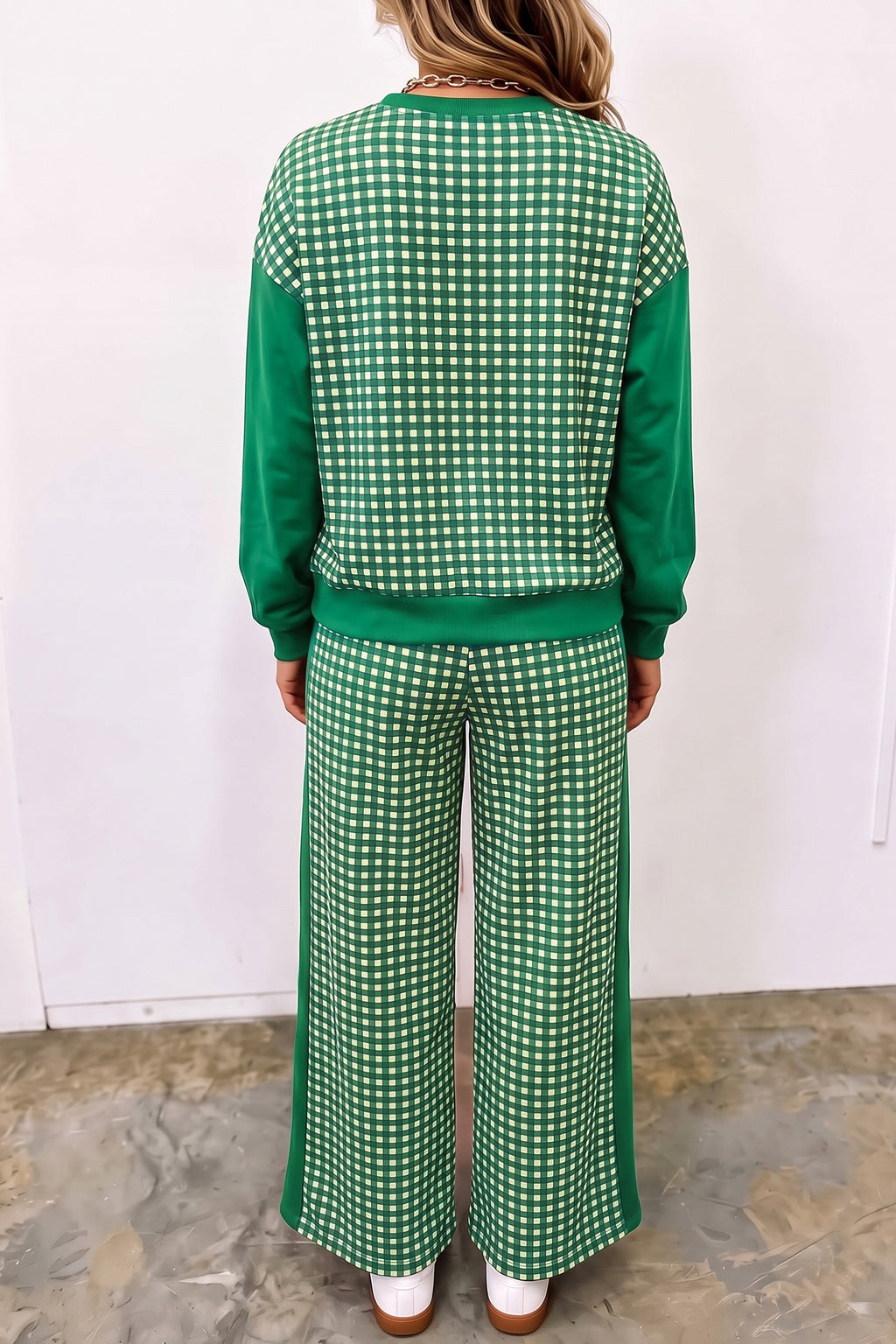 Pink Color Block Plaid Patchwork Long Sleeve Pullover Wide Leg Pant Set