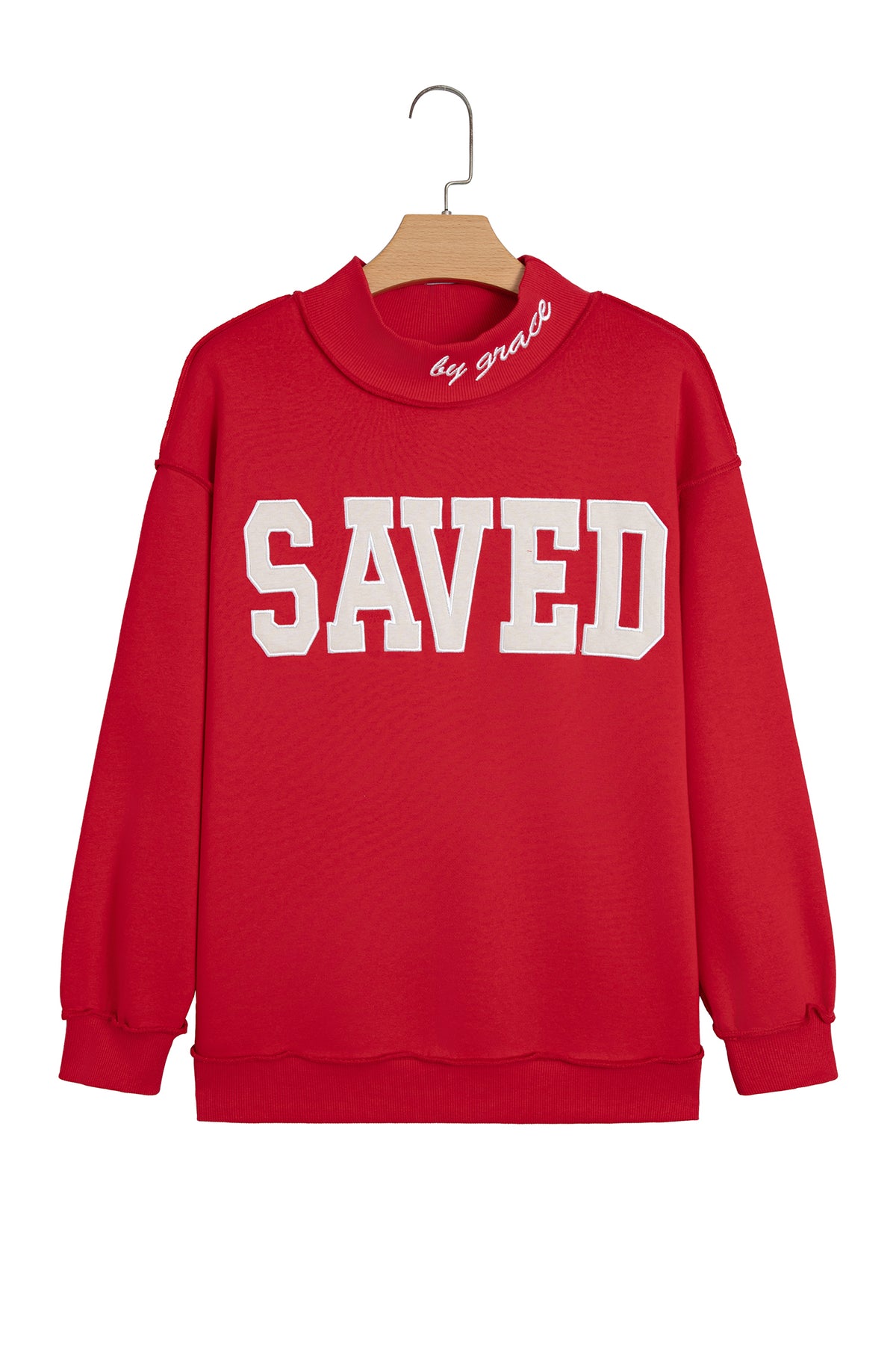 Fiery Red Saved By Grace Embroidered Detail Letter Graphic High Neck Sweatshirt