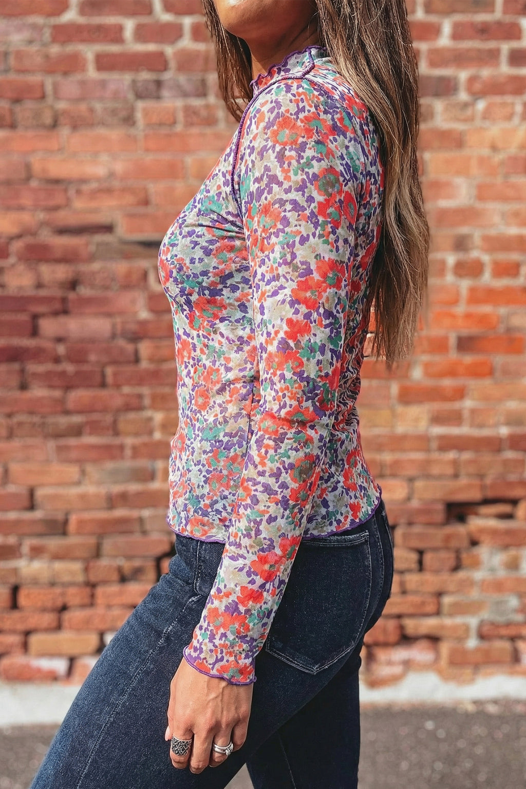 Apricot Floral Print Slim Fit Mesh Long Sleeve Mock Neck Top
