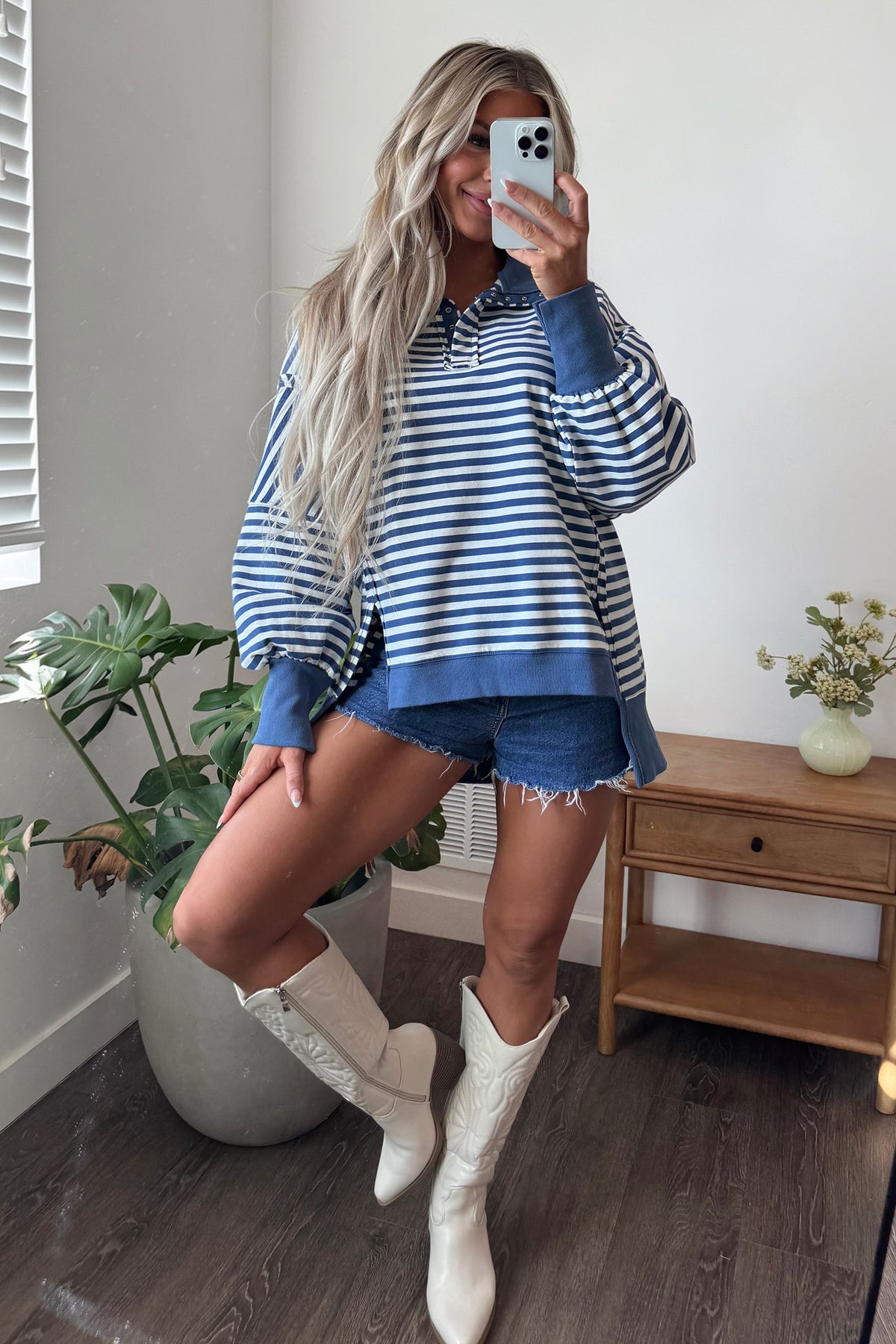 Brown Stripe Color Block Trim Raw Seam Split Hem Loose Pullover Sweatshirt