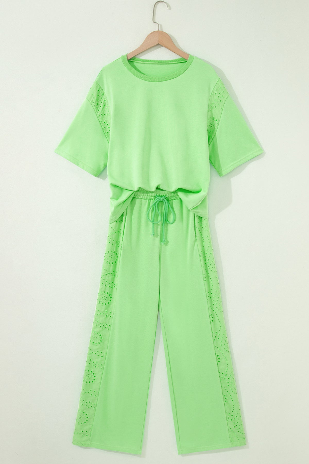 Light Green Lace Patchwork Half Sleeve Top Elastic Waist Pants Two Piece Set